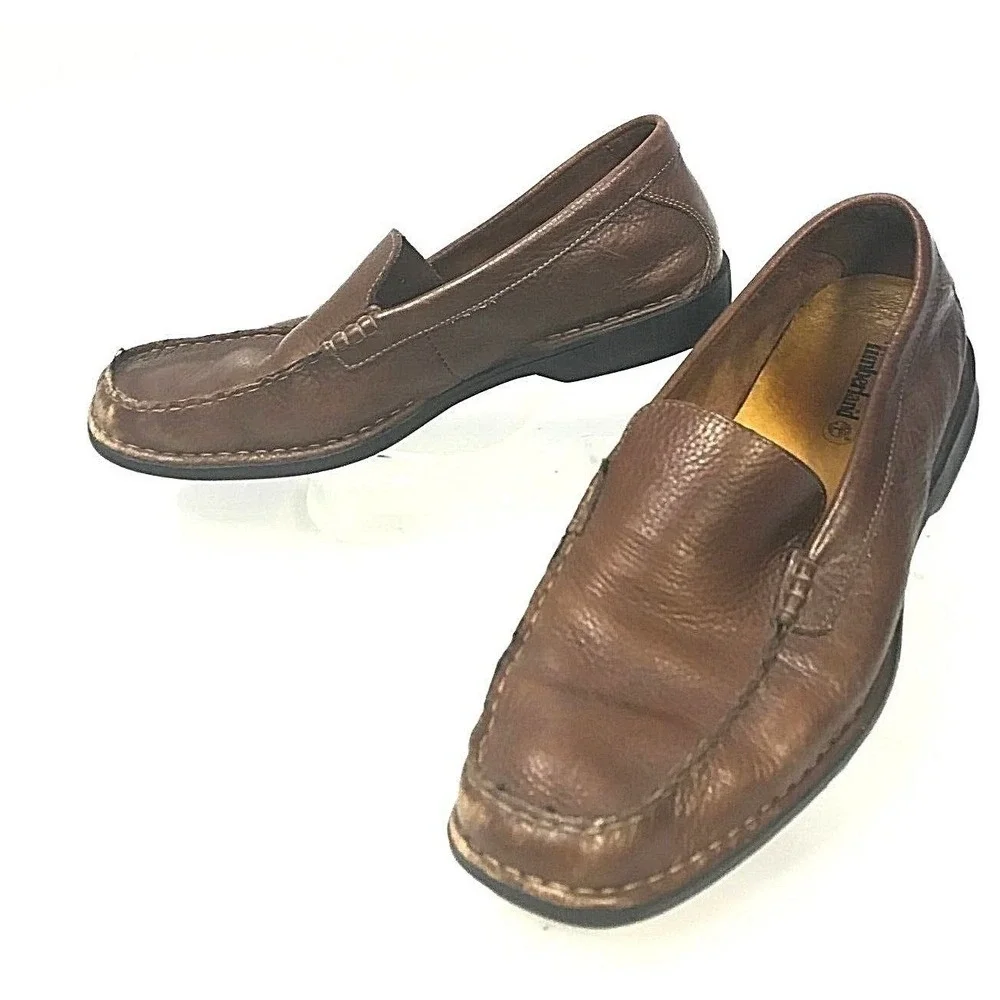 Timberland Mens Brown Leather Square Toe Slip On Loafers 66560 4828 Size 8.5M